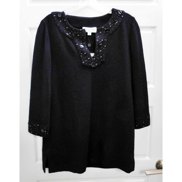 New St John USA $795rt Black Knit Studded Button V-Neck Tunic Sweater sz‎ S